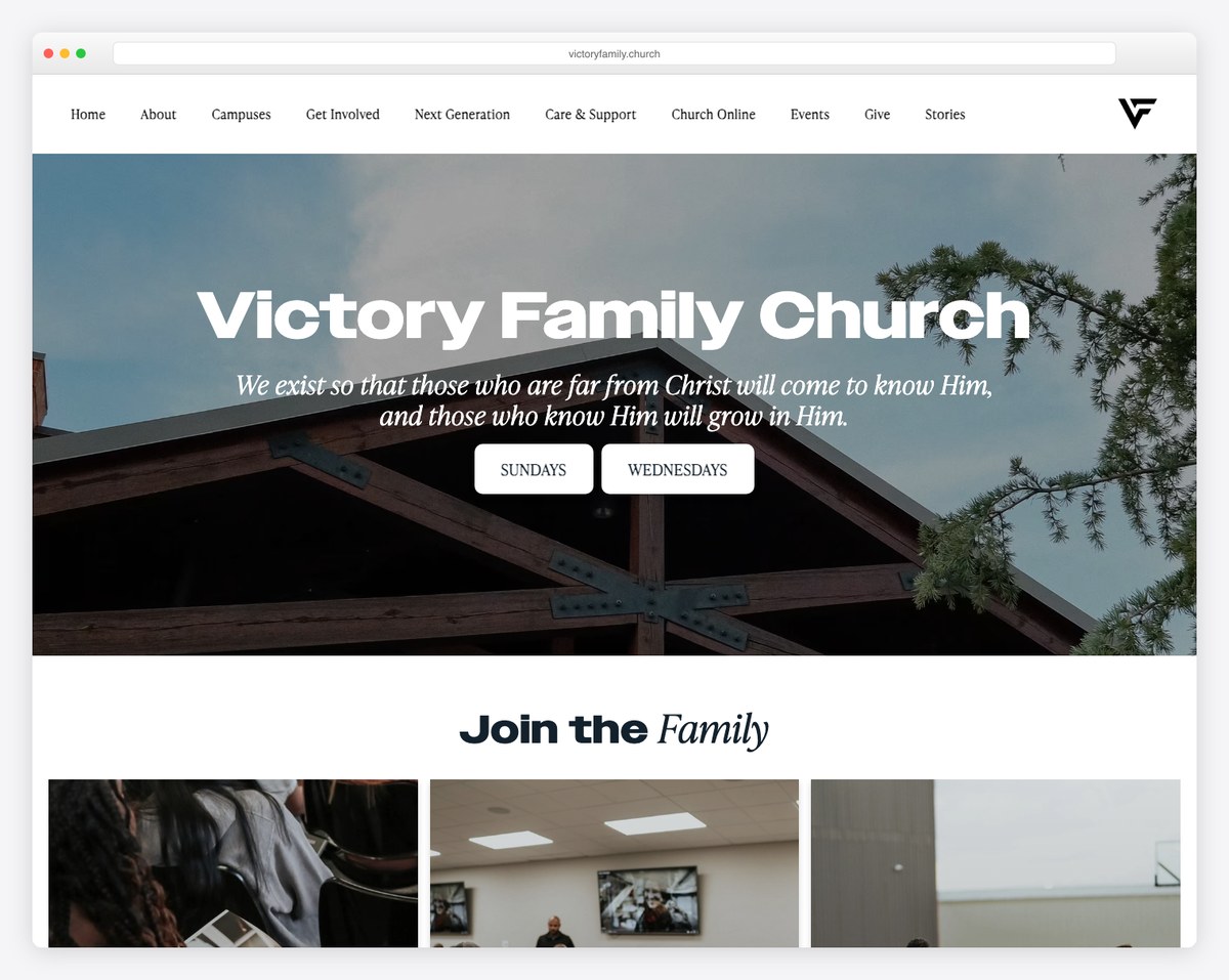 Victory Family Church website built on The Church Co screenshot