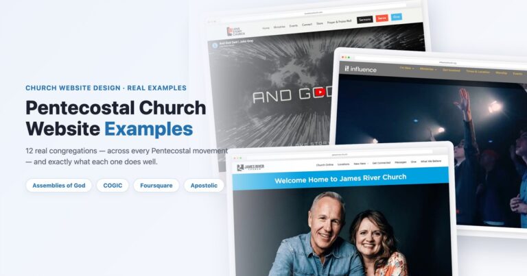 Pentecostal church website examples across AG, COGIC, Foursquare and Apostolic movements