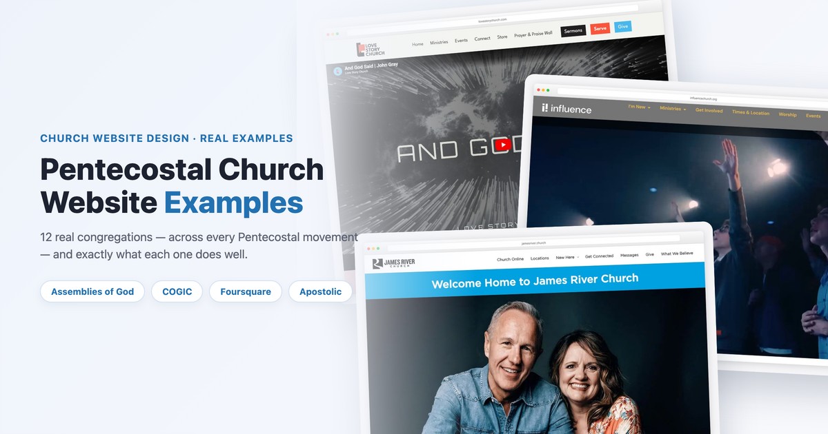 Pentecostal church website examples across AG, COGIC, Foursquare and Apostolic movements