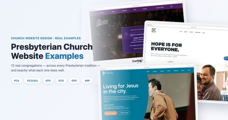 Presbyterian church website examples across PCA, PC(USA), EPC, ECO, OPC and ARP