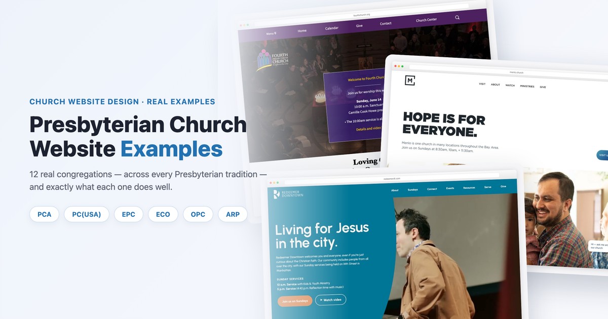 Presbyterian church website examples across PCA, PC(USA), EPC, ECO, OPC and ARP