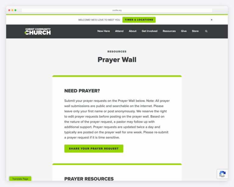 Christ Community Church prayer wall page example