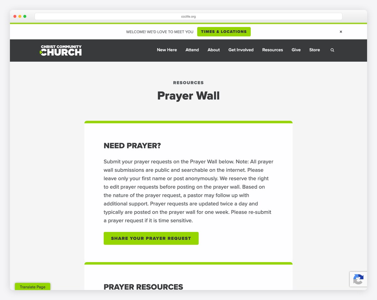 Christ Community Church prayer wall page example