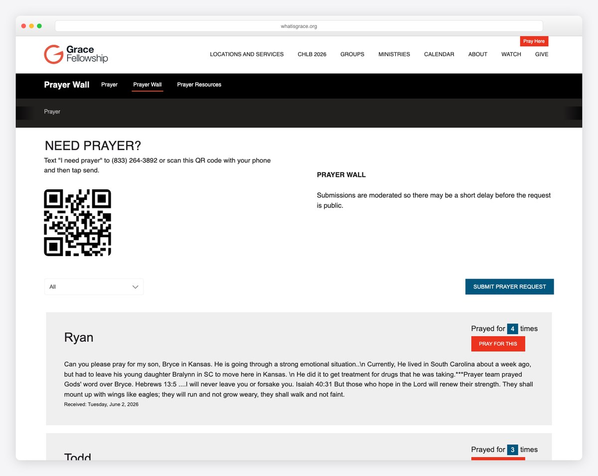 Grace Fellowship prayer wall with QR code example