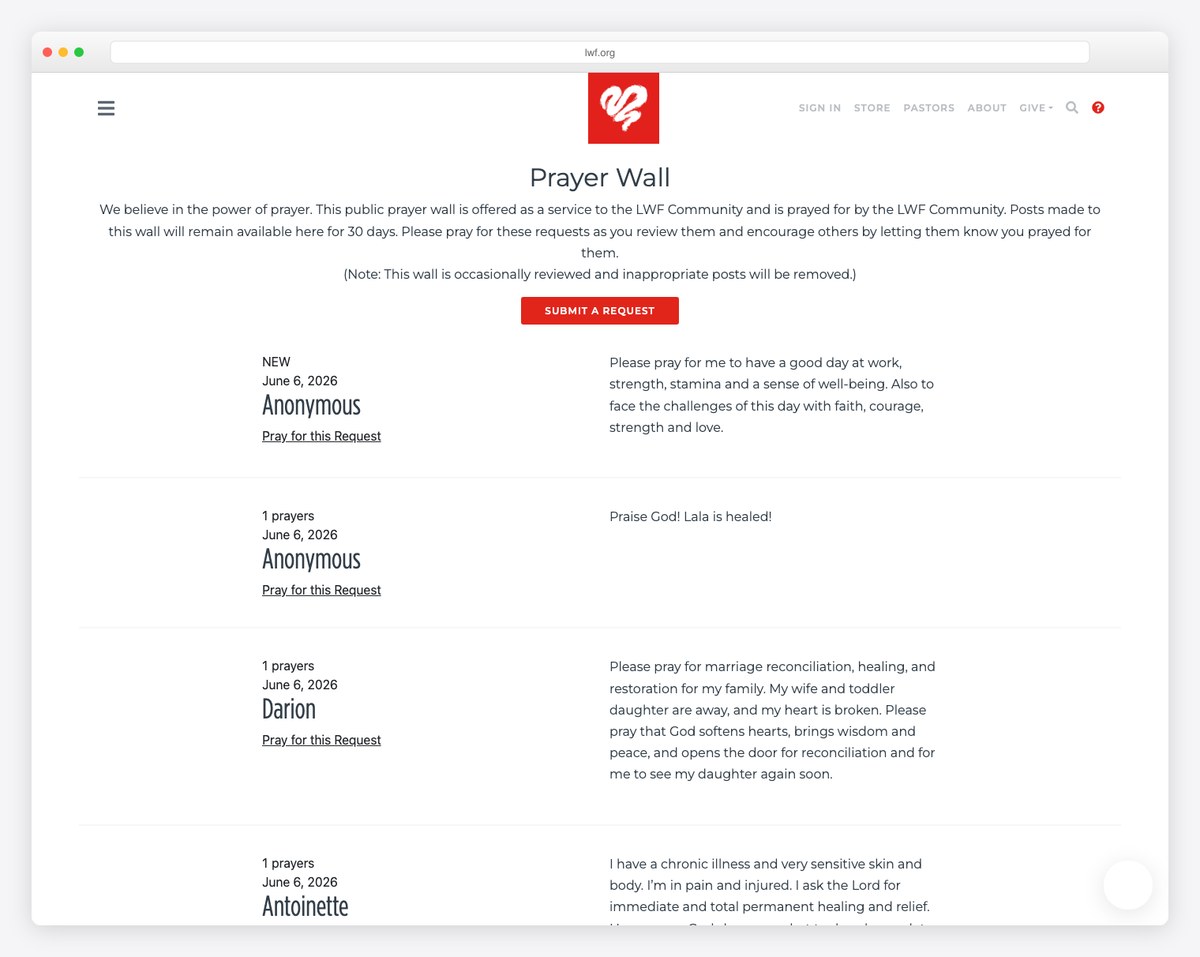 Love Worth Finding prayer wall page example
