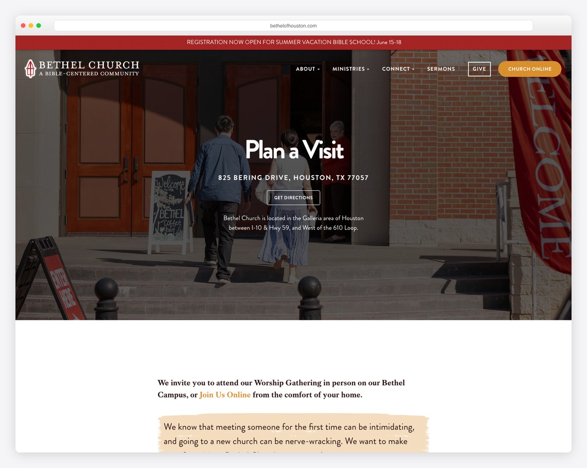 Bethel Church Houston plan your visit page example