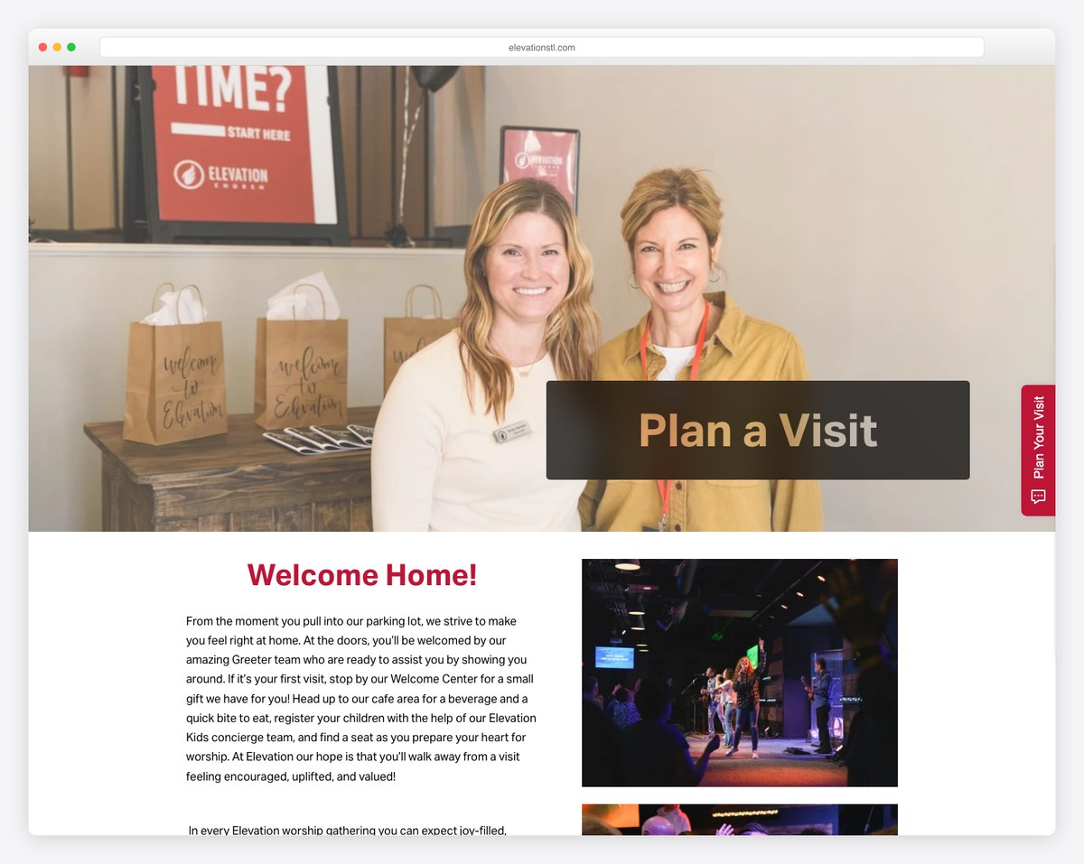 Elevation Church St. Louis plan your visit page example