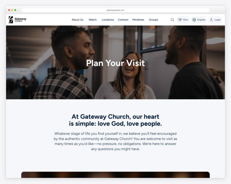 Gateway Church plan your visit page example