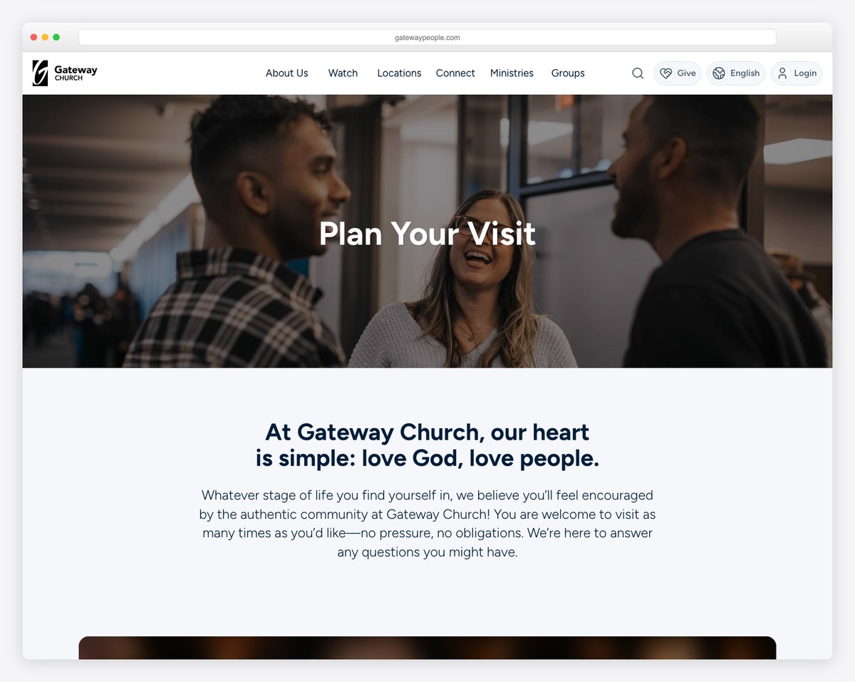 Gateway Church plan your visit page example