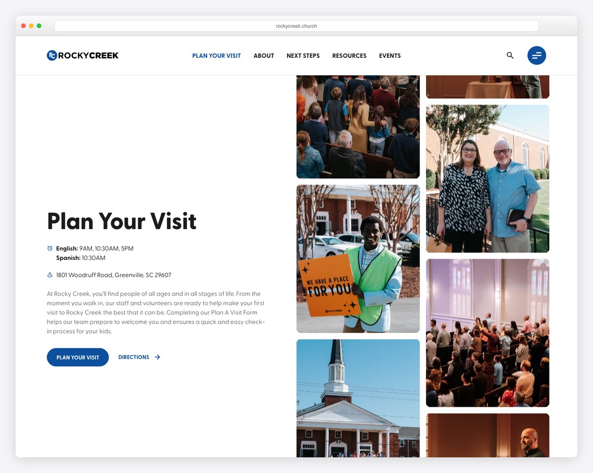 Rocky Creek Church plan your visit page example