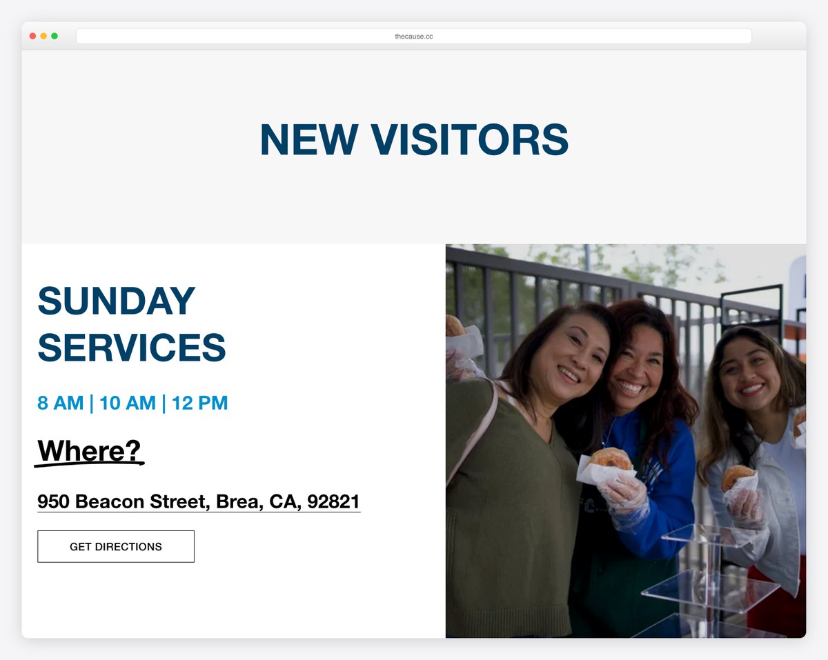 The Cause Church plan your visit page example