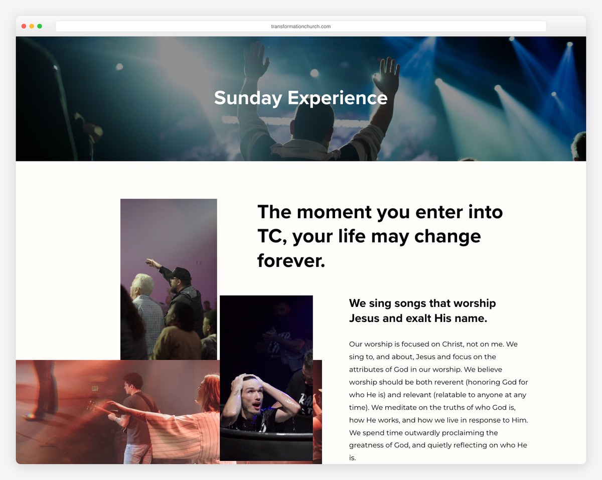 Transformation Church plan your visit page example