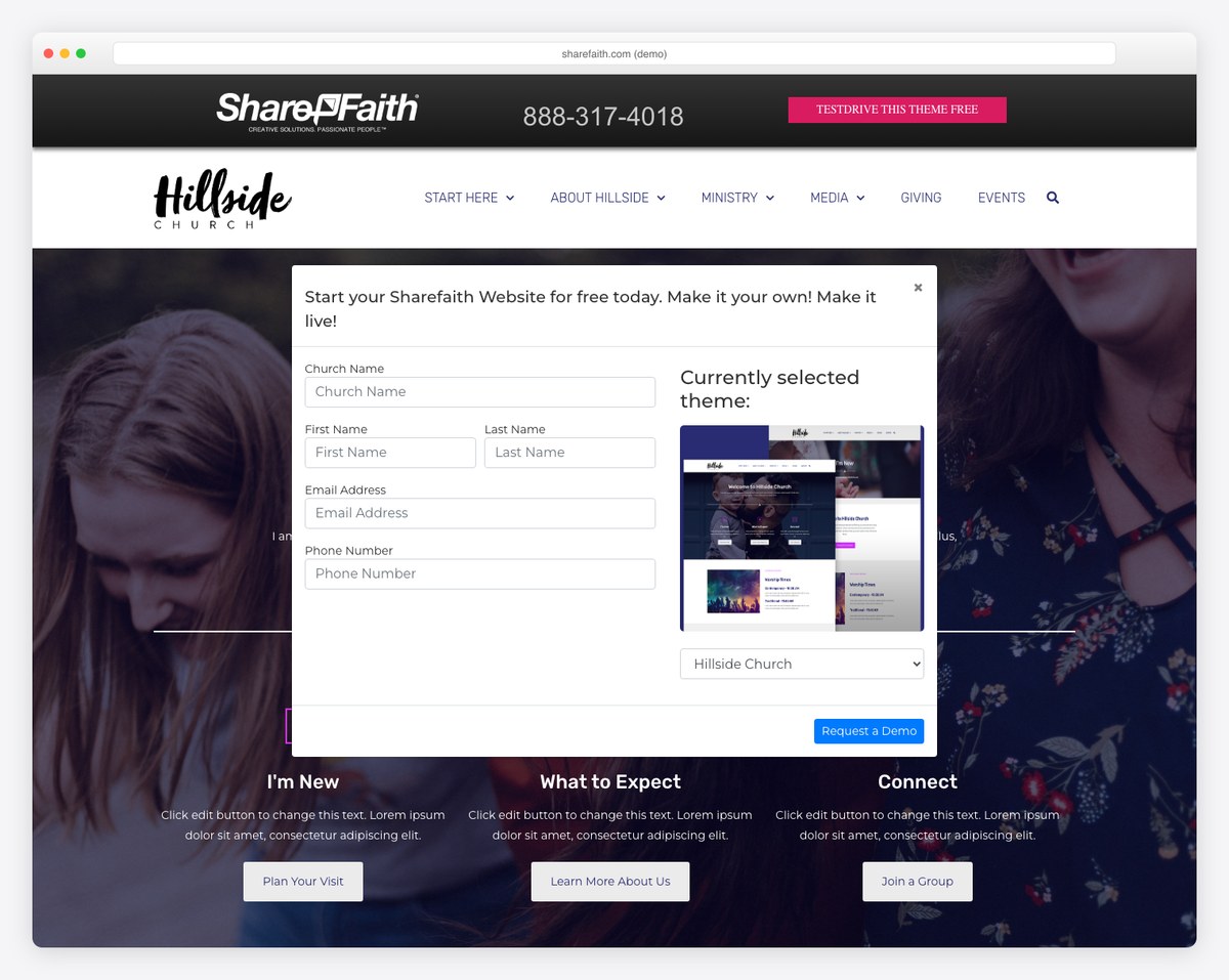 Sharefaith Hillside church website template demo with the try-it-free signup