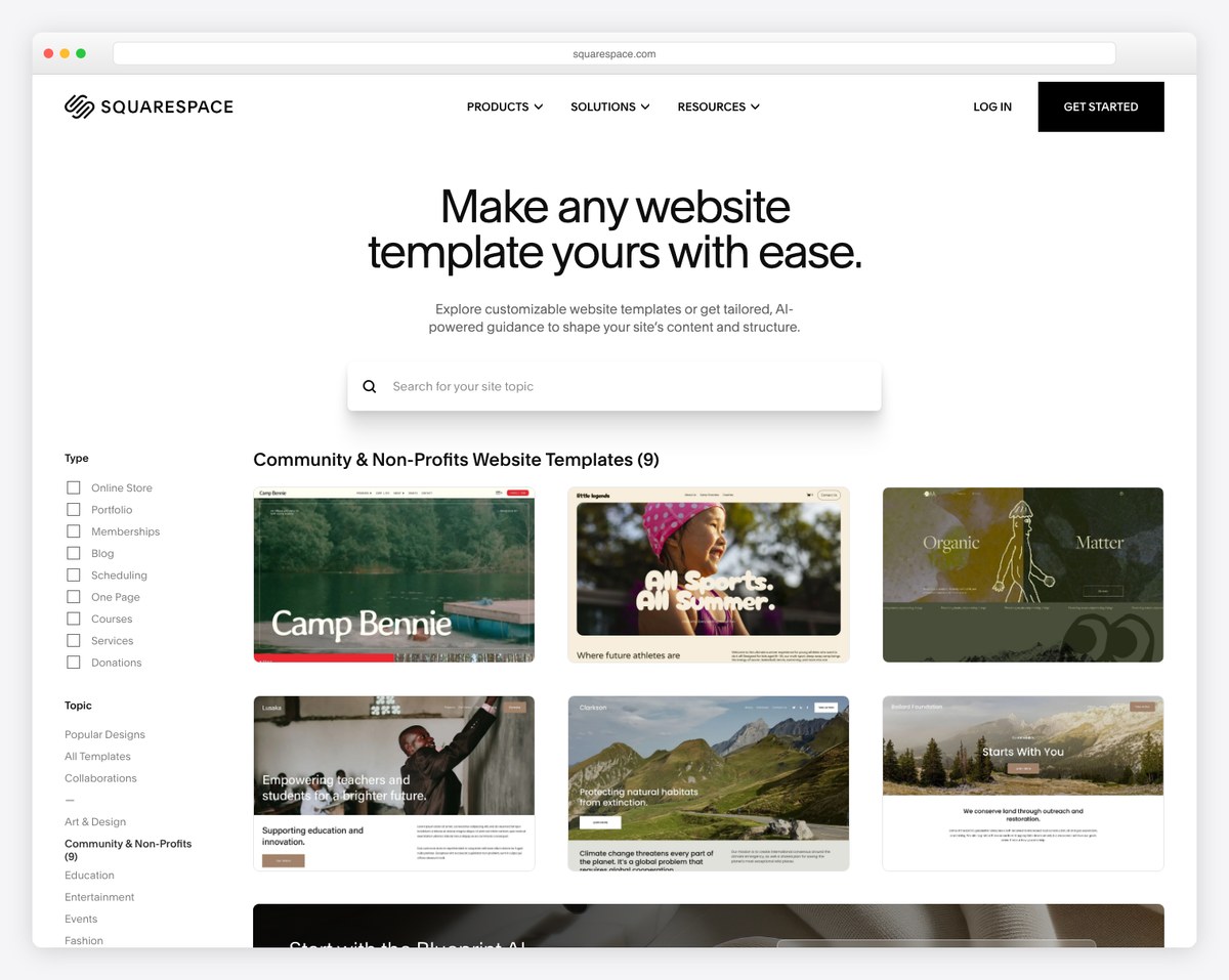 Squarespace community and non-profit templates, used as a starting point for church websites