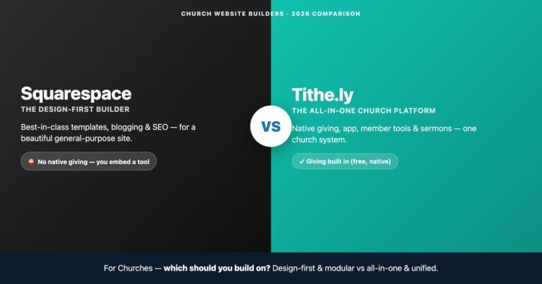 Squarespace vs Tithe.ly for churches — design-first builder vs all-in-one church platform