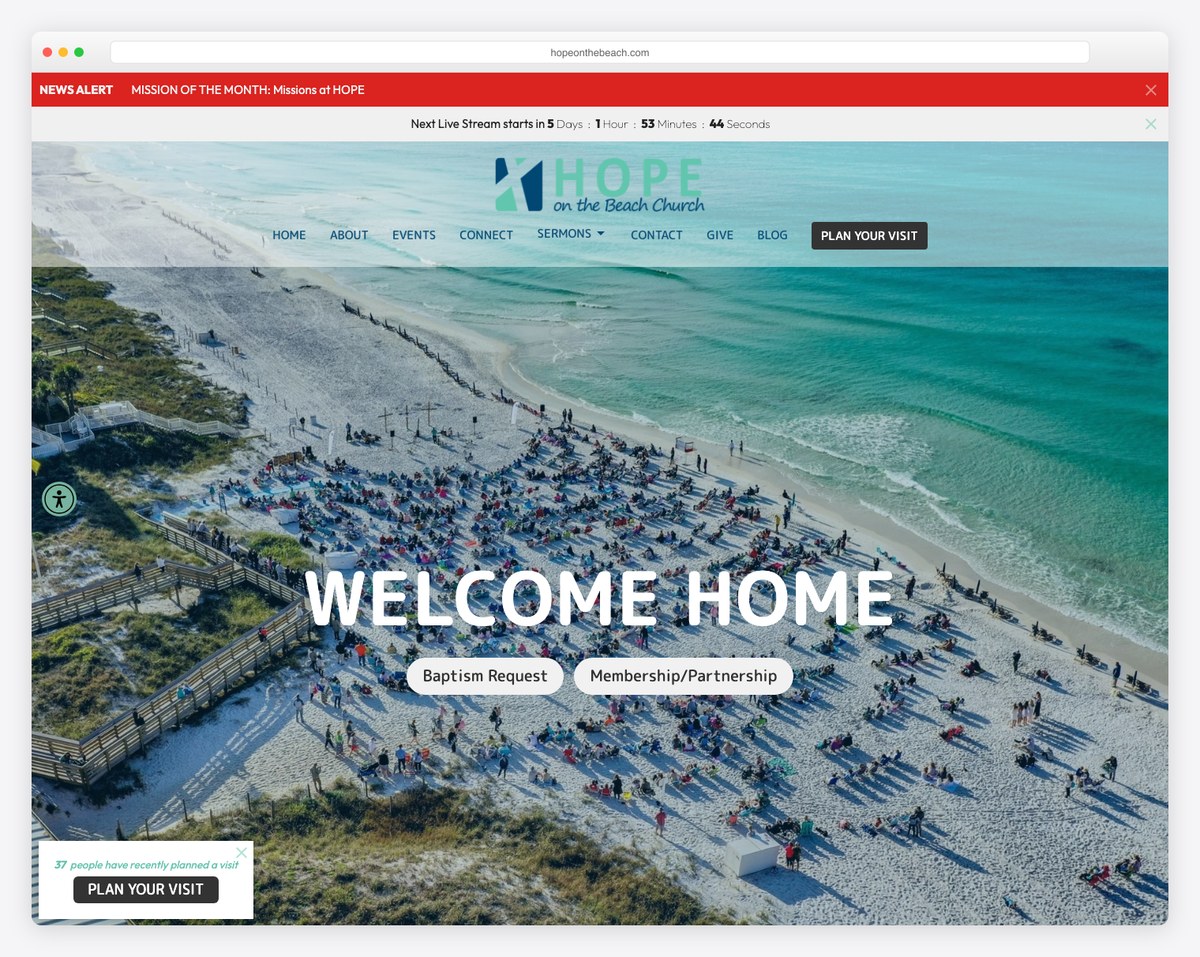 Hope on the Beach Church website built on Tithe.ly Sites