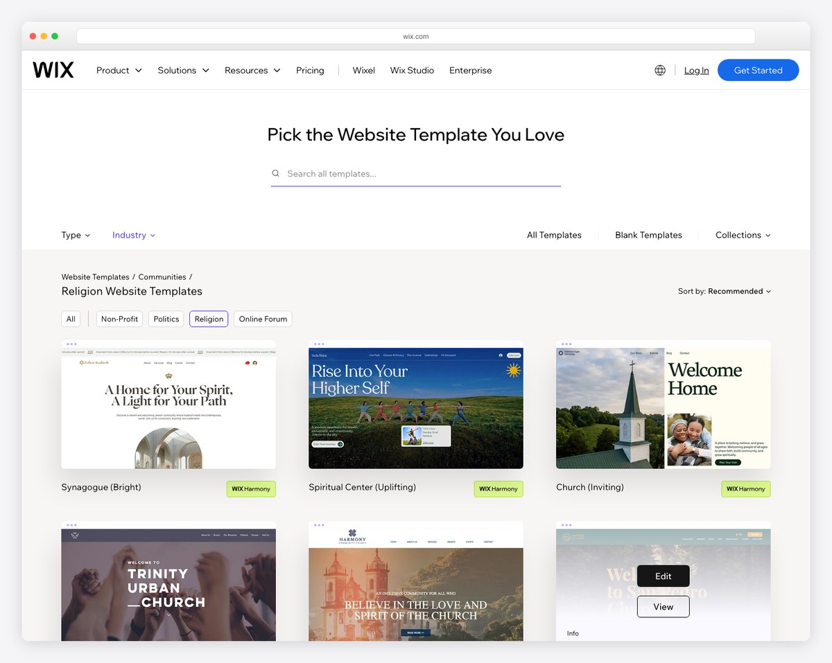 Wix Religion website templates gallery showing church-specific designs