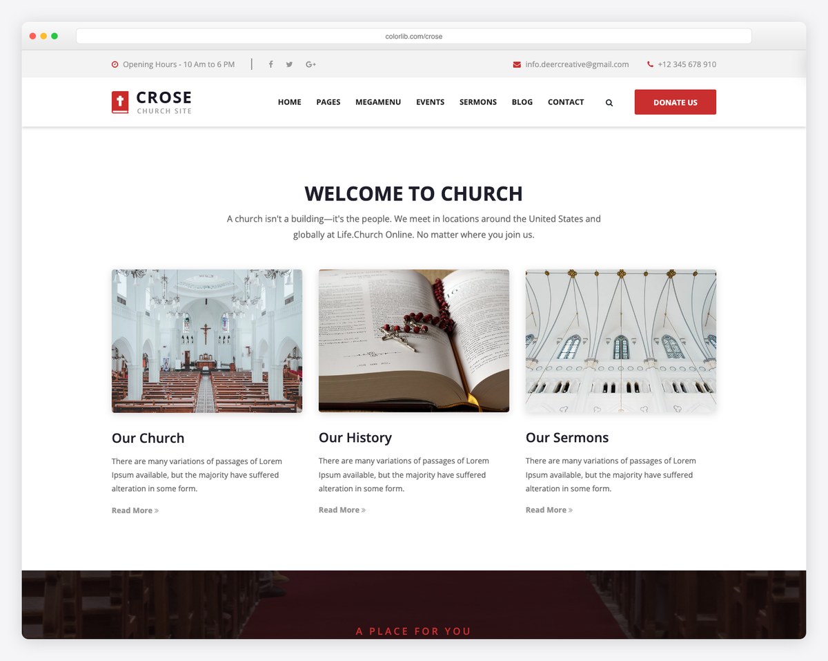 Crose free church website template screenshot