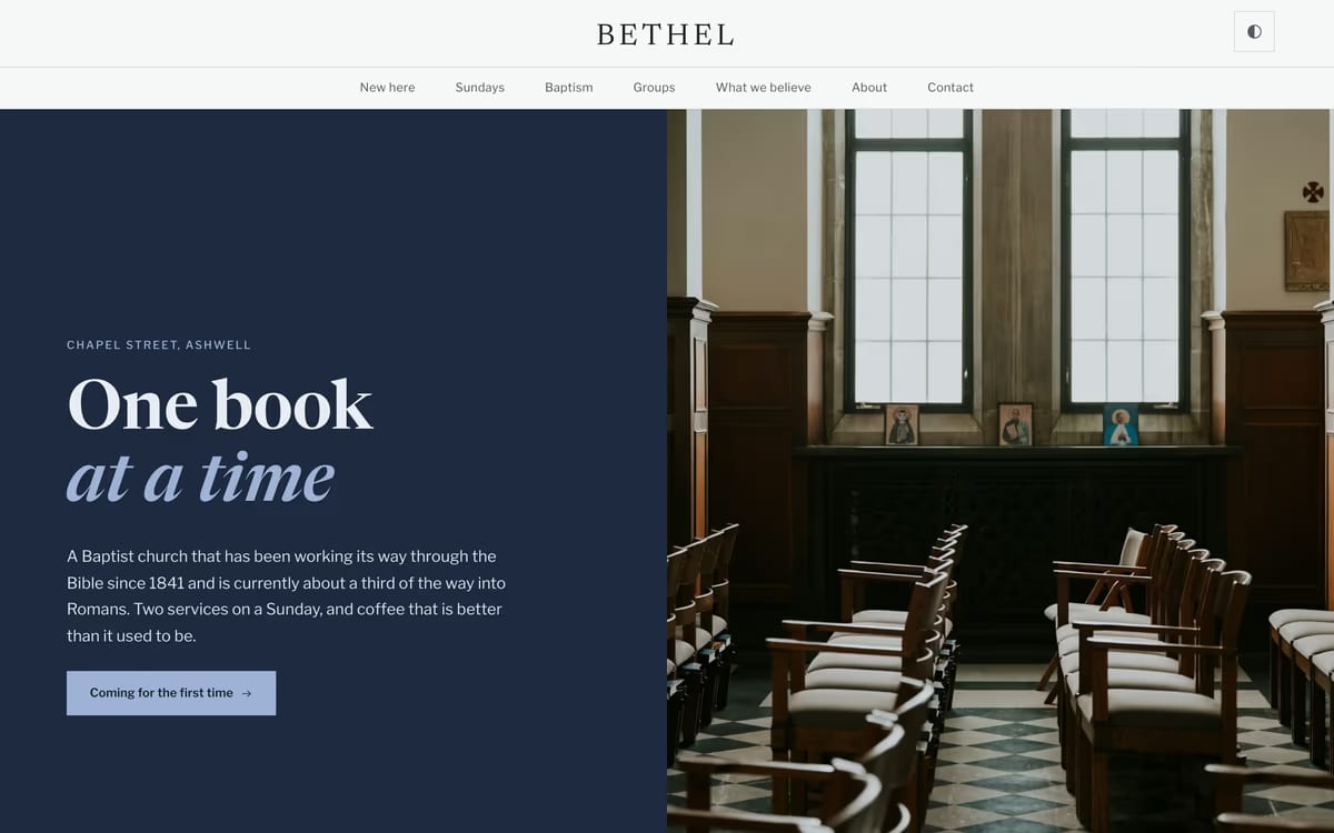 Bethel free church website template screenshot showing the current teaching series