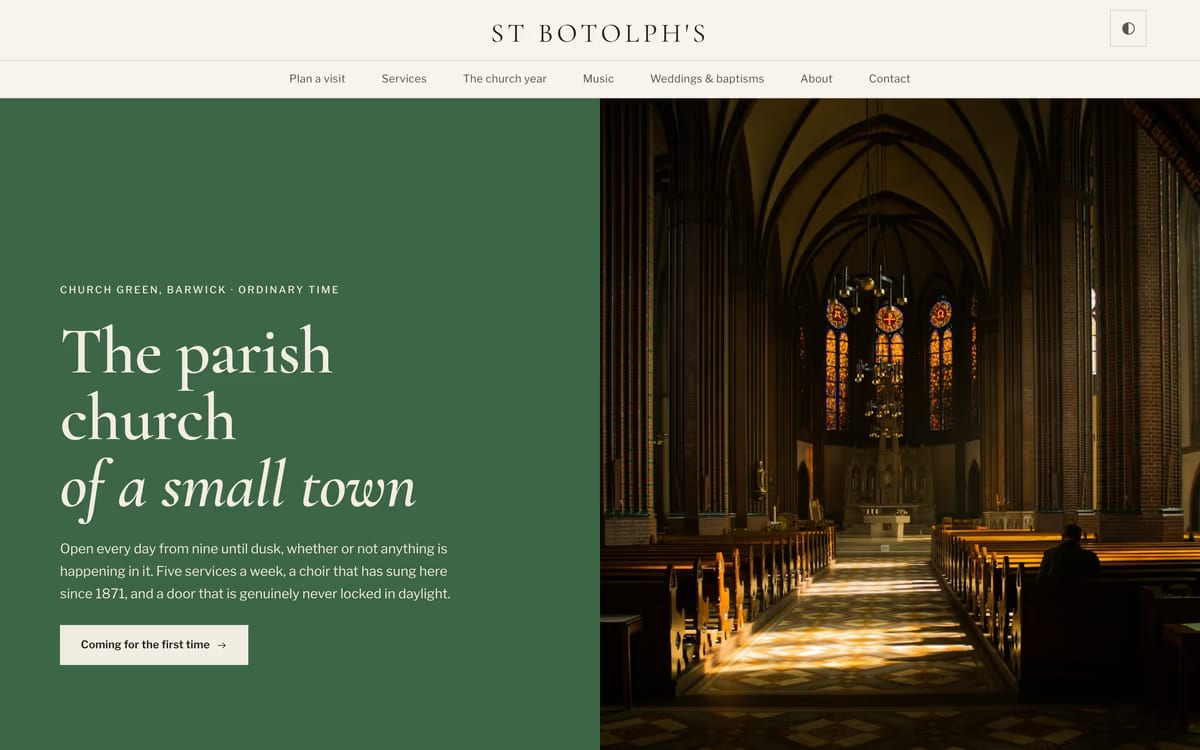 Canterbury free church website template screenshot with season-painted hero