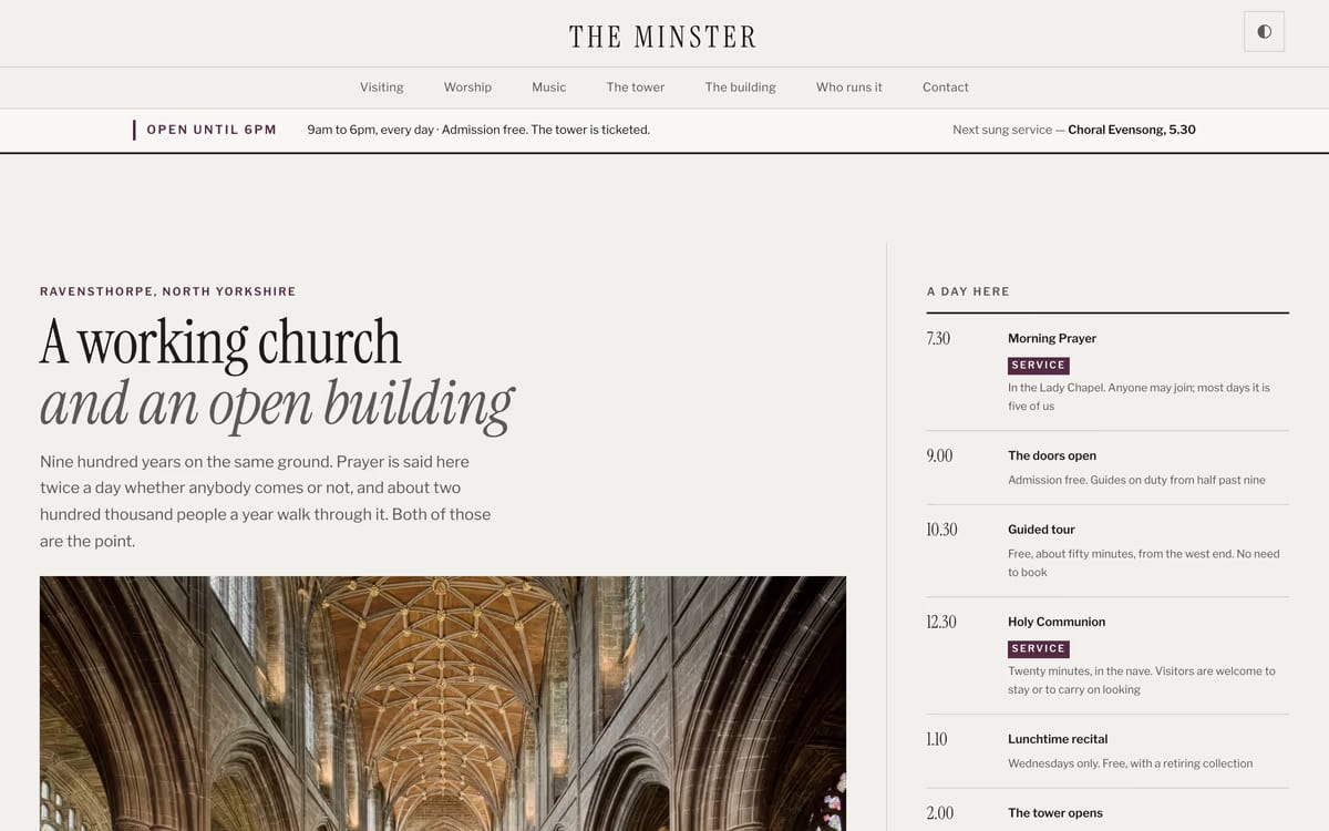 Chapter free church website template screenshot with broadsheet front page and horarium