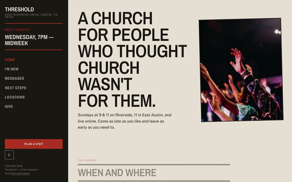 Threshold free church website template screenshot with wood-type hero